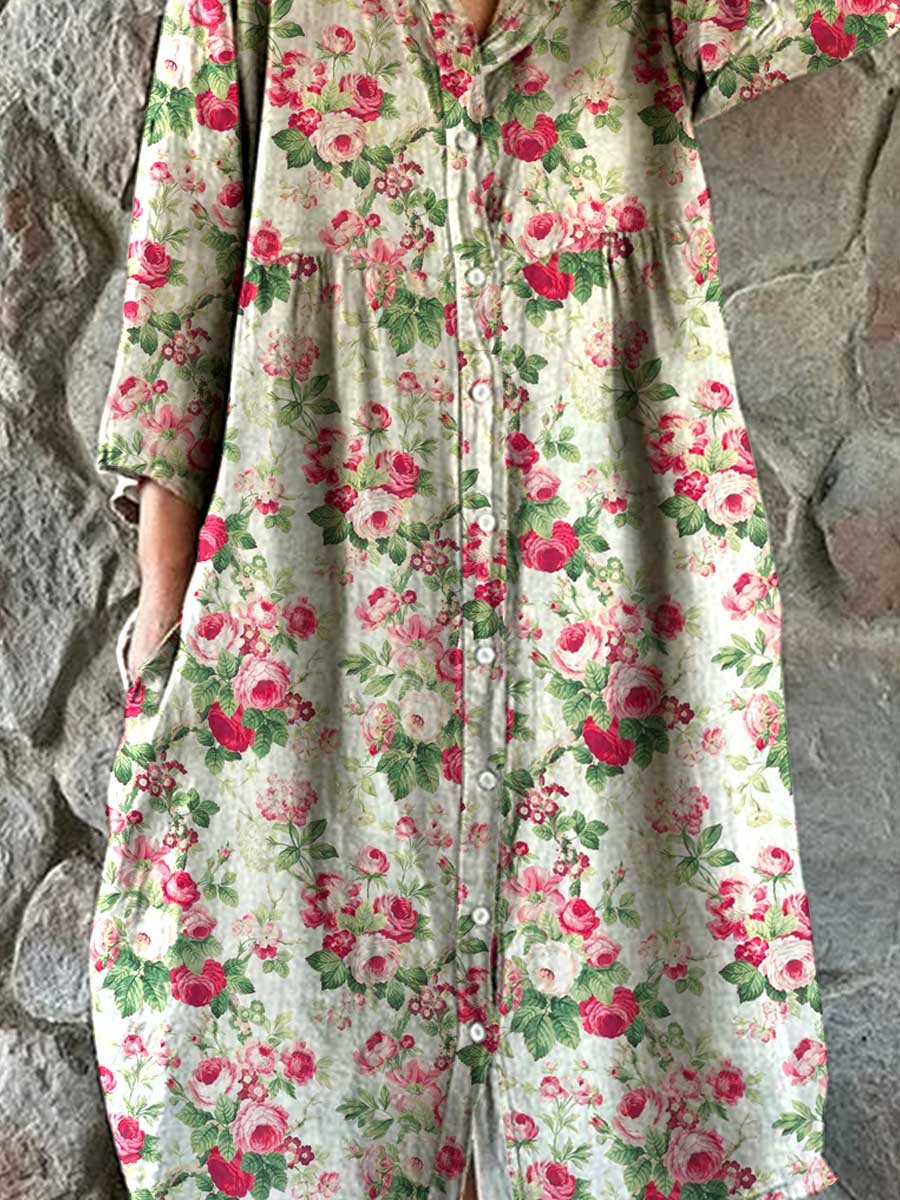 Women's Elegant Pastoral Floral Cotton and Linen Dress