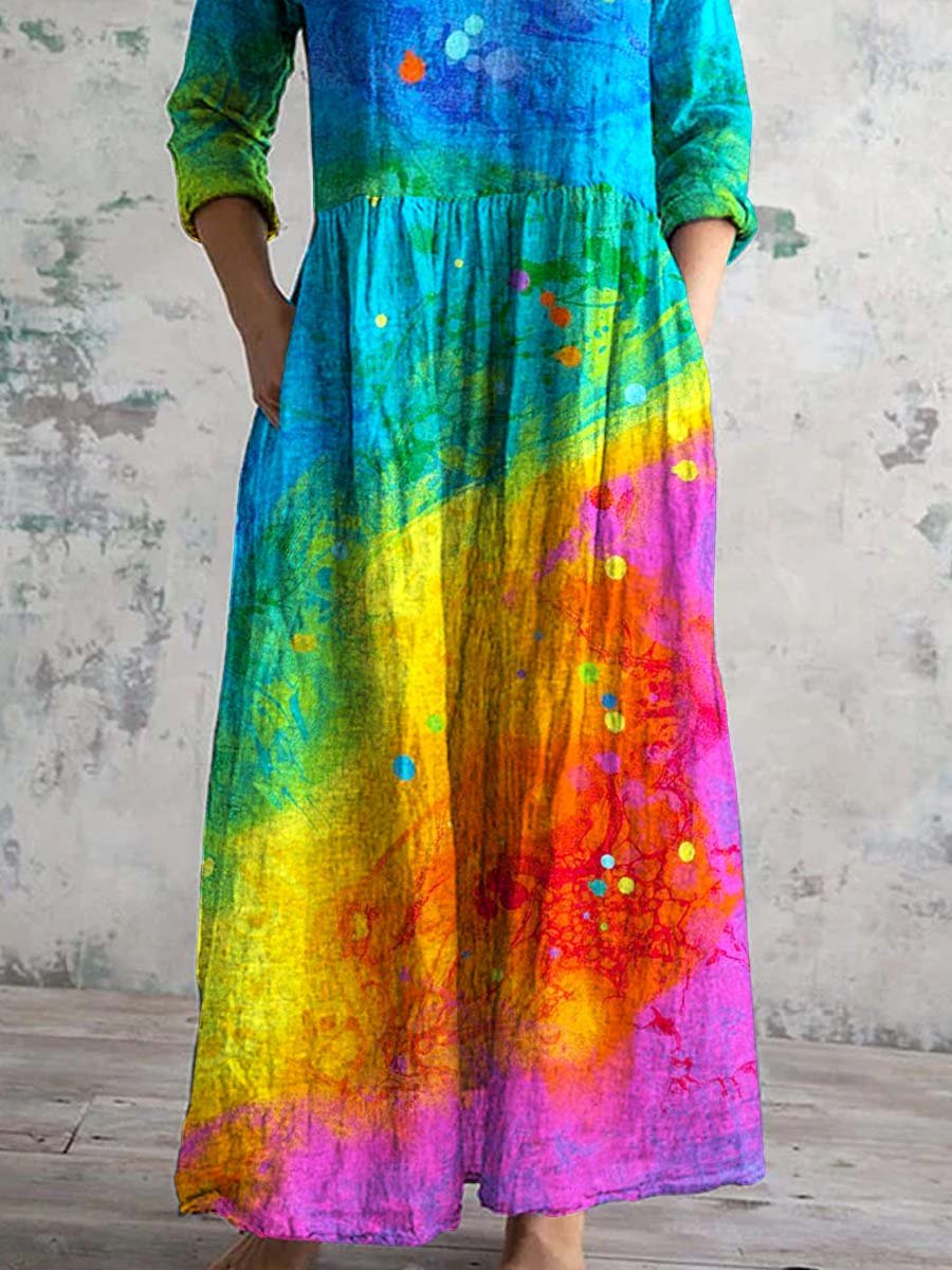 Women's V-Neck Rainbow Gradient Pattern Dress With Pockets