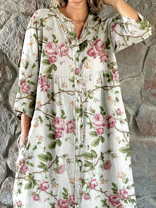 Women's Elegant Simple Rose Floral Stripe Pattern Cotton and Linen Shirt Dress