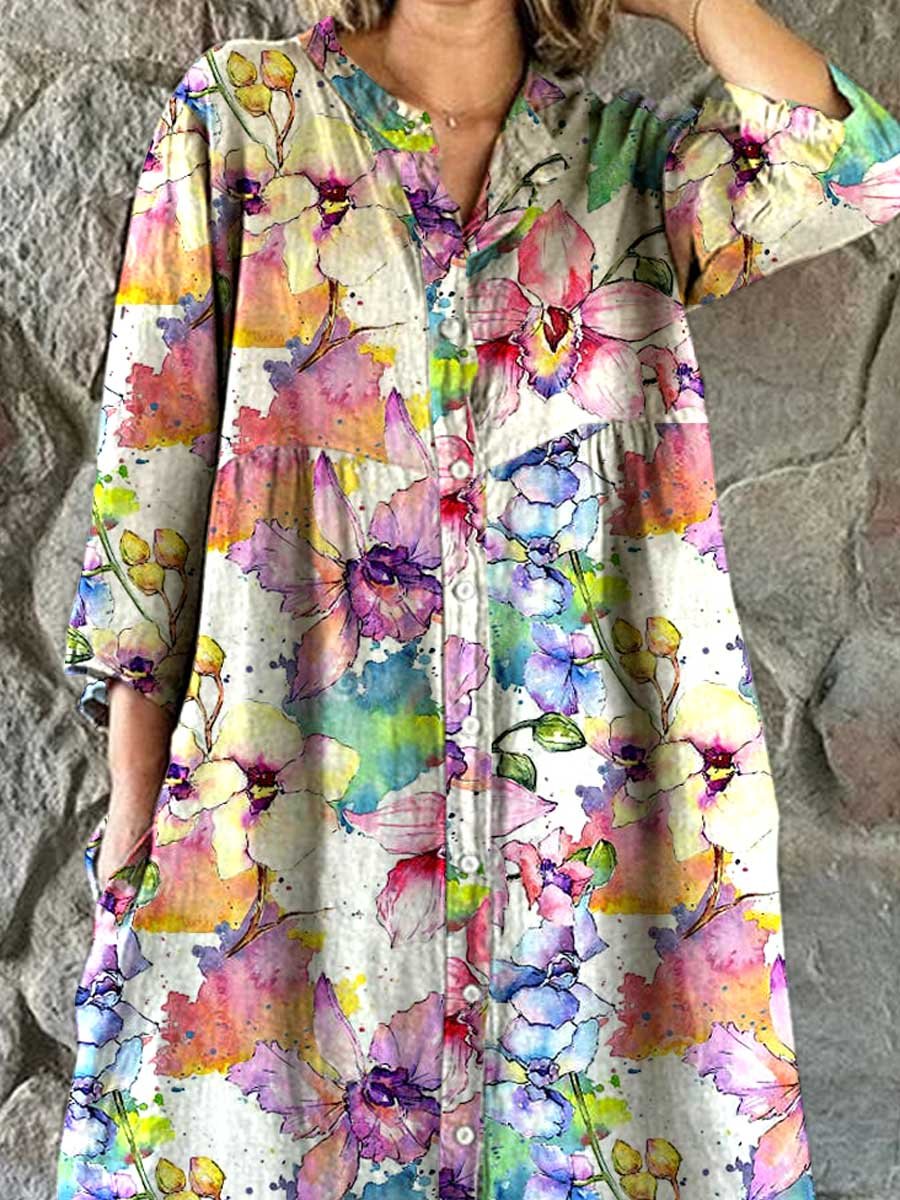 Women's Watercolor Floral Pattern Shirt Cotton And Linen Dress With Pockets