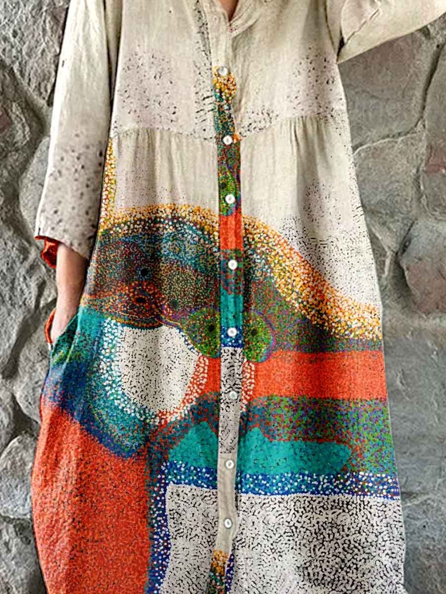 Women's Art Quicksand Pattern Shirt Style Cotton and Linen Dress