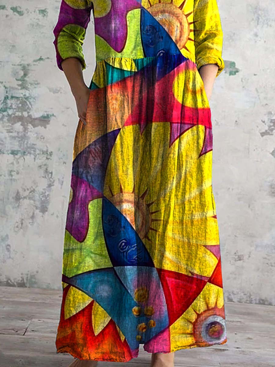 Women's V-neck Rainbow Art Cotton And Linen Dress With Pockets