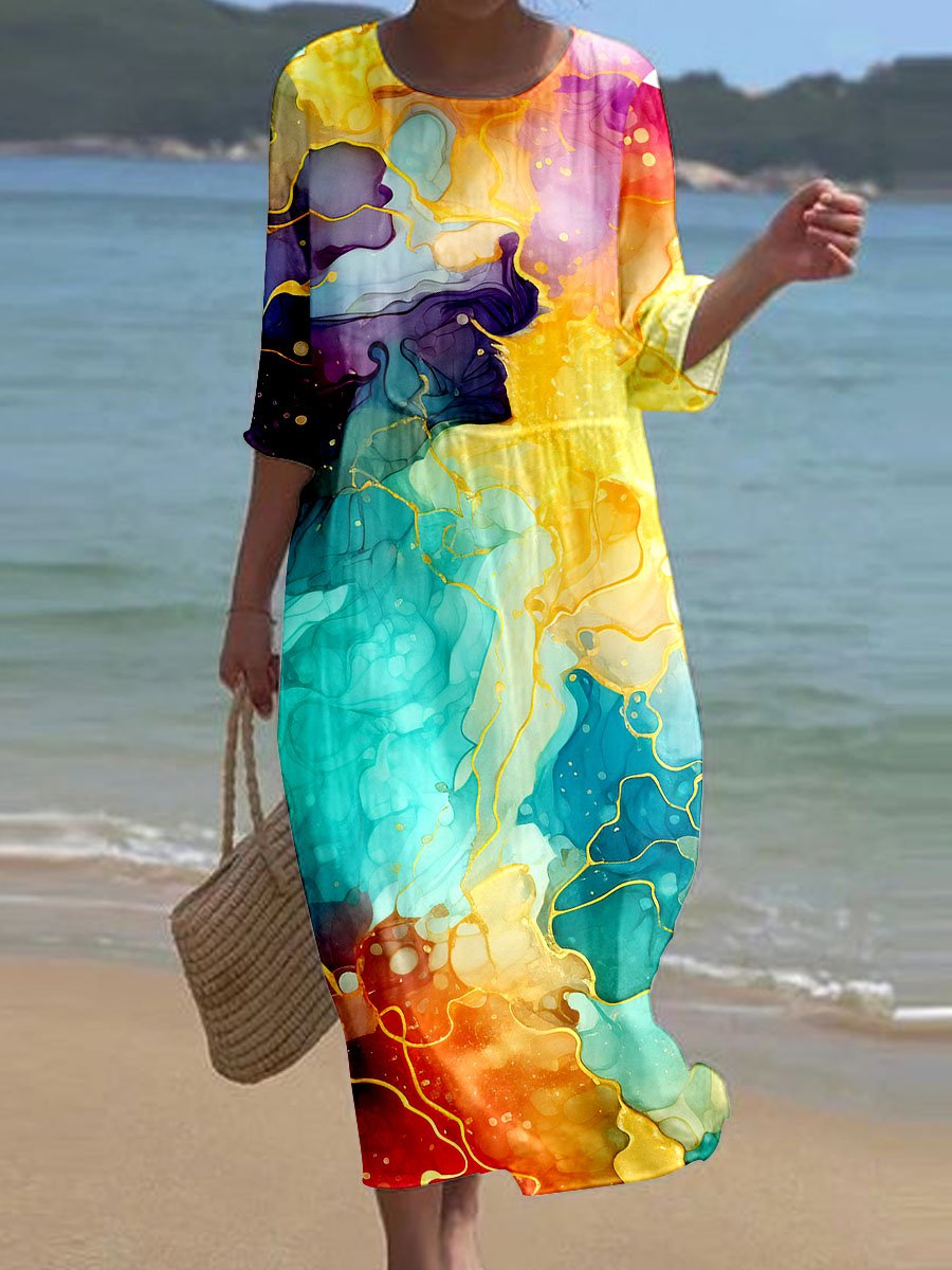 Women's Watercolor Splash Fluid Art Print Flowy Dress