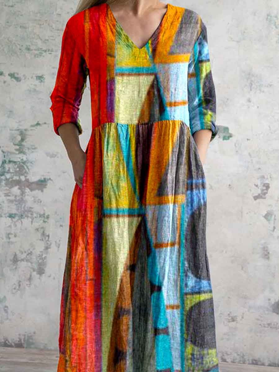 Women's V Neck Art Pattern Home Warm Colorful Cotton Linen Dress