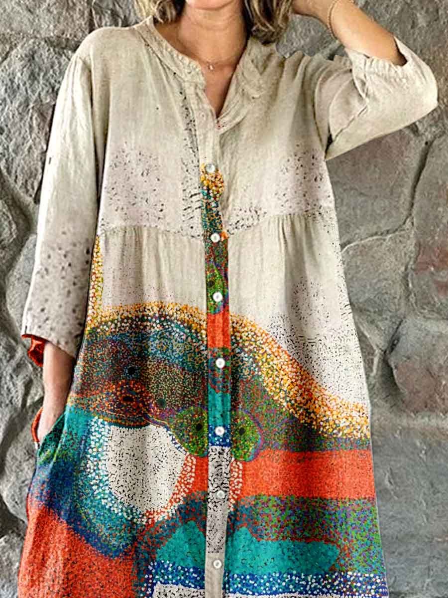 Women's Art Quicksand Pattern Shirt Style Cotton and Linen Dress