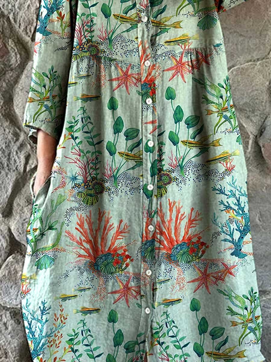 Women's Underwater World Seaweed Print Elegant Simple Shirt Cotton And Linen Dress