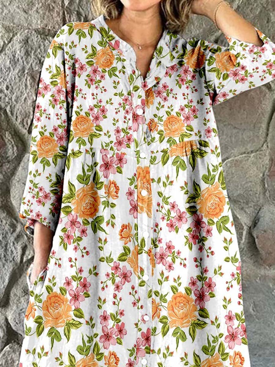 Women's Rose Flower Print Elegant Simple Shirt Cotton Linen Dress