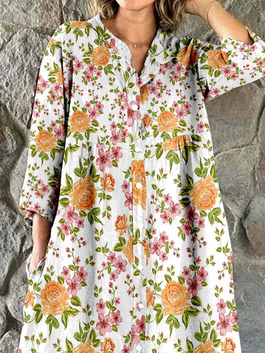 Women's Rose Flower Print Elegant Simple Shirt Cotton Linen Dress