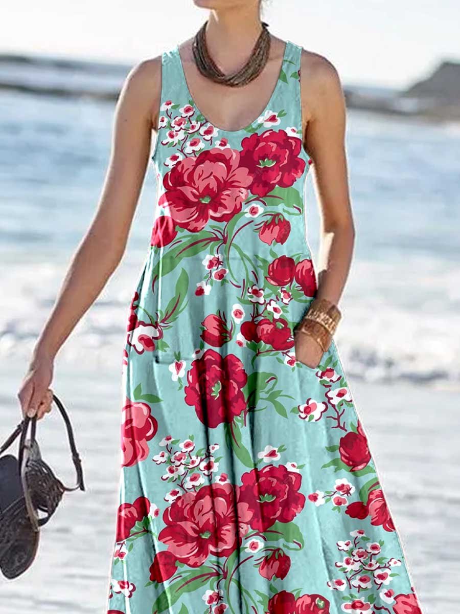 Women's Beach Resort Style Rose Floral Pattern Tank Top Dress with Pockets