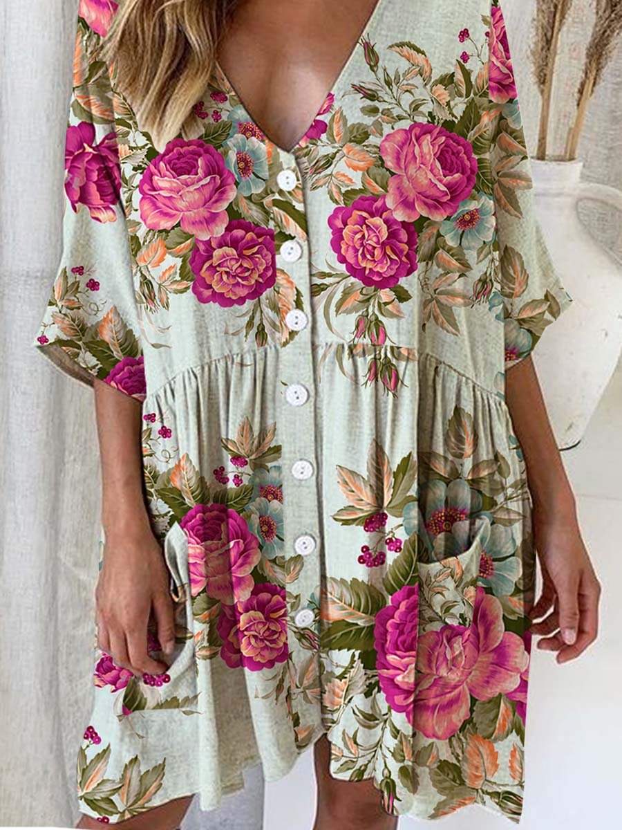 Women's Elegant Rose Floral Print Cotton and Linen Dress