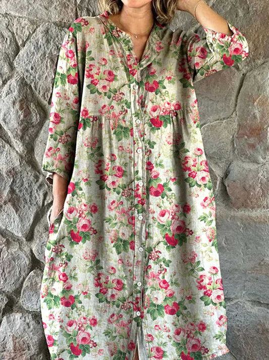 Women's Elegant Pastoral Floral Cotton and Linen Dress