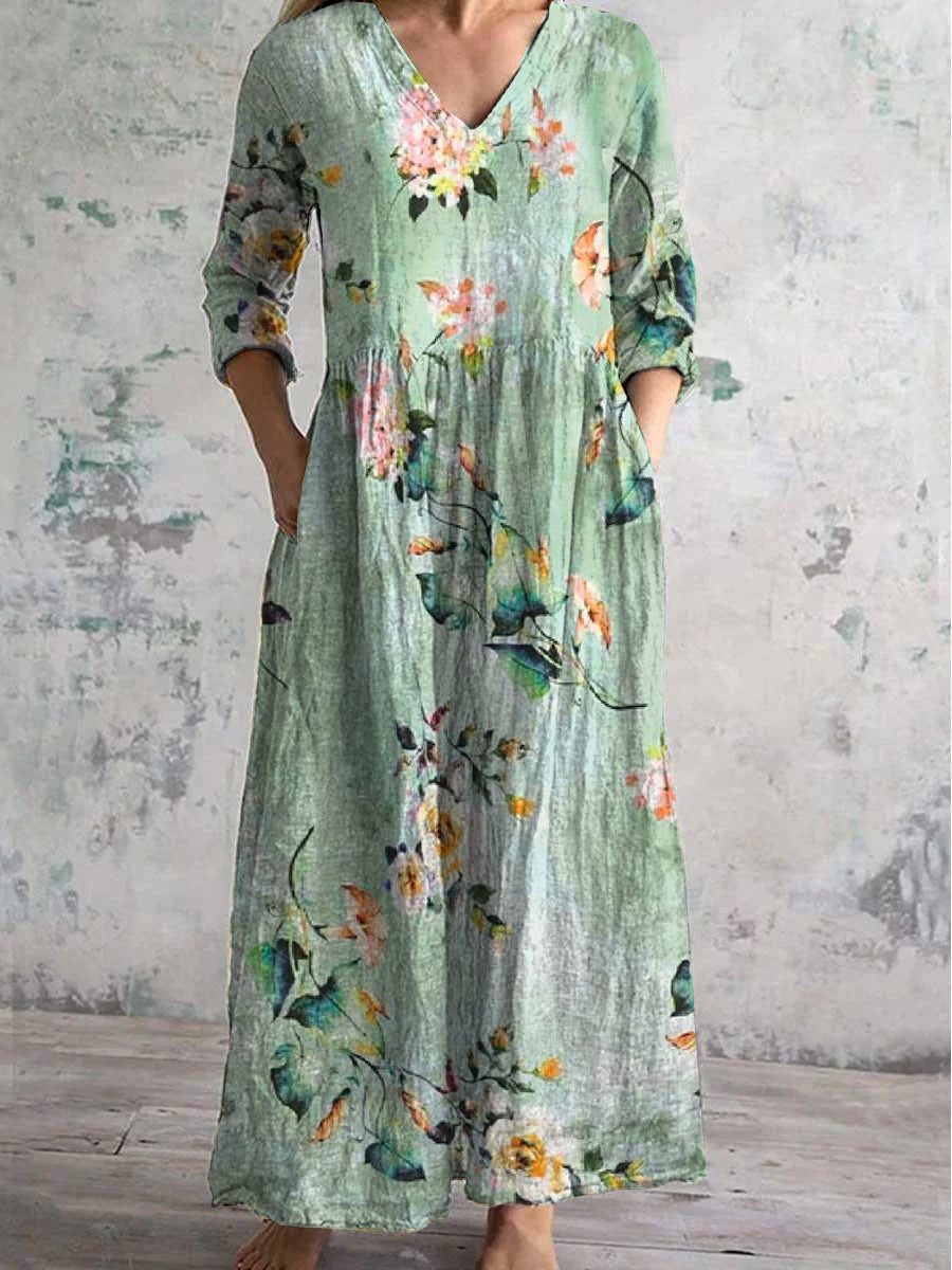 Vintage Floral Art Print Chic V-Neck Three-Quarter Sleeve Elegant Midi Dress