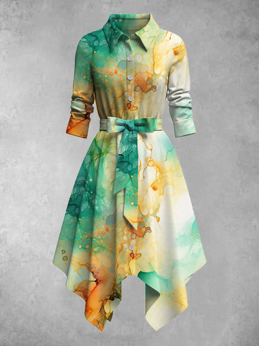 Retro Marble Fluid Art Print Lapel Half Sleeve Button Up Midi Shirt Elegant Dress