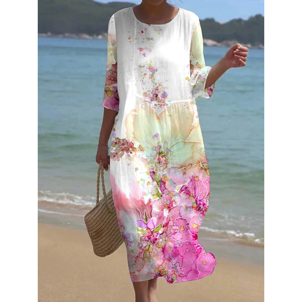 Women's Casual Round Neck Floral Art Print Elegant Dress