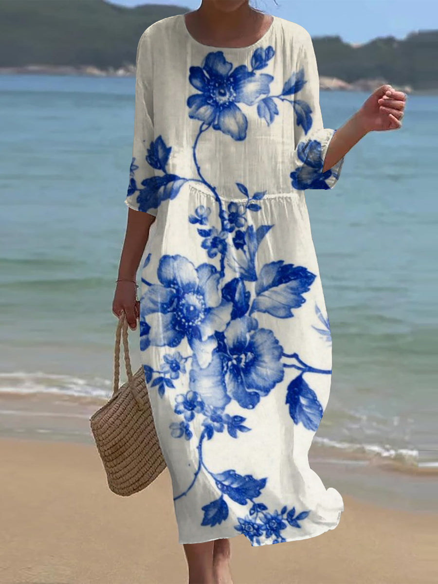 Retro Floral Art Print Chic Round Neck Three Quarter Sleeve Elegant Midi Dress