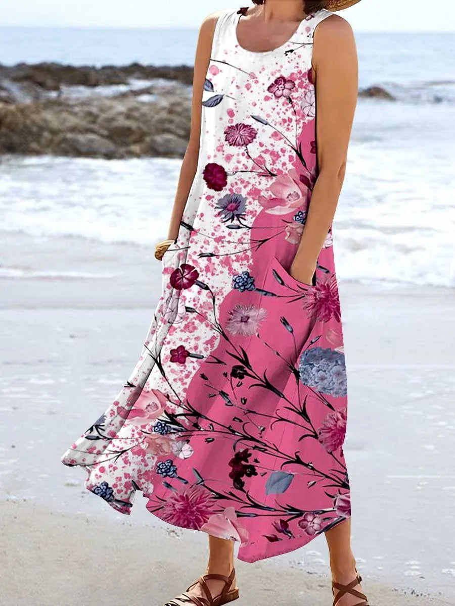 Women's Casual Floral Art Print Sleeveless Pocket Dress