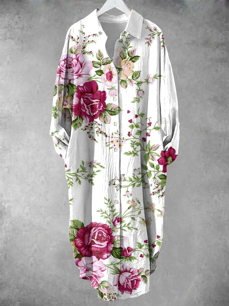 Women's Vintage Floral Print Shirt Midi Dress