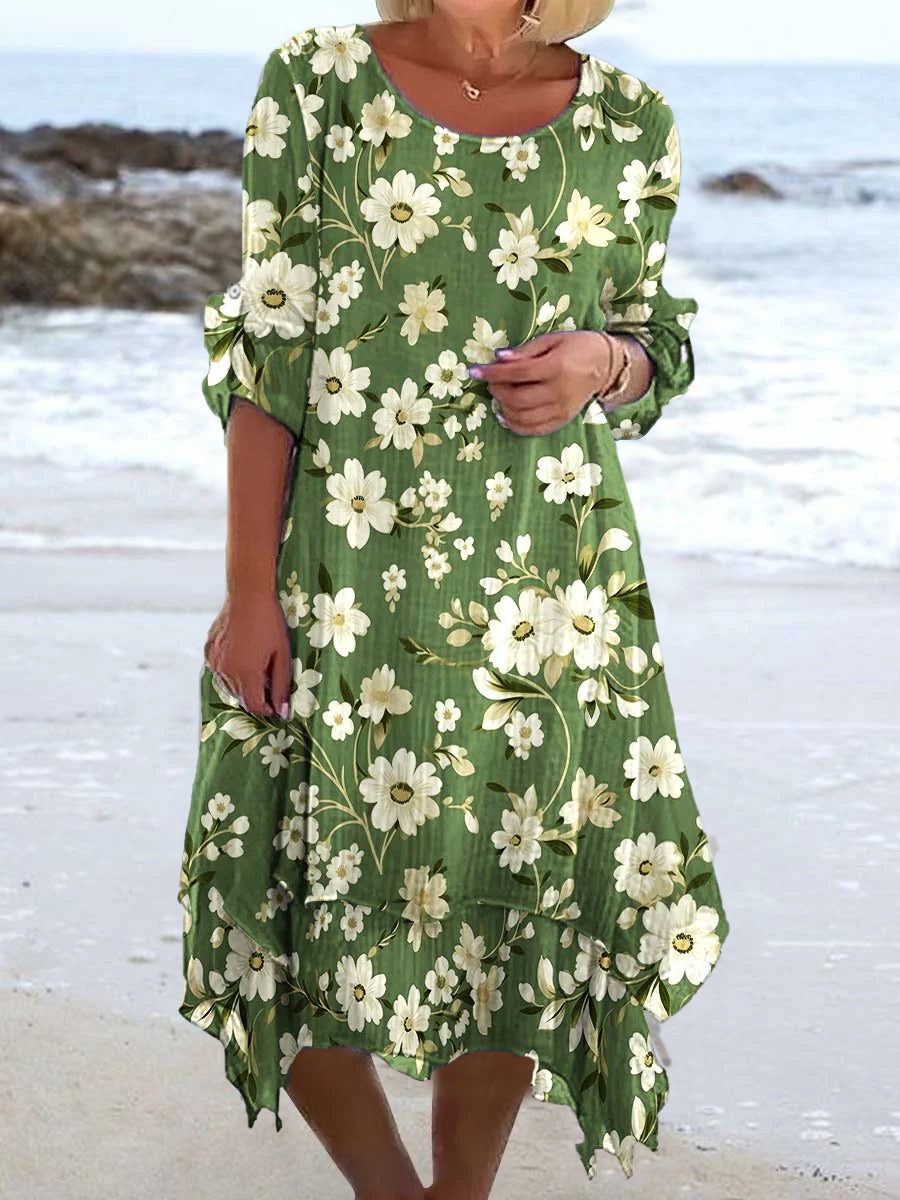 Vintage Floral Art Print Chic V Neck Three Quarter Sleeve Elegant Midi Dress with Round Neck