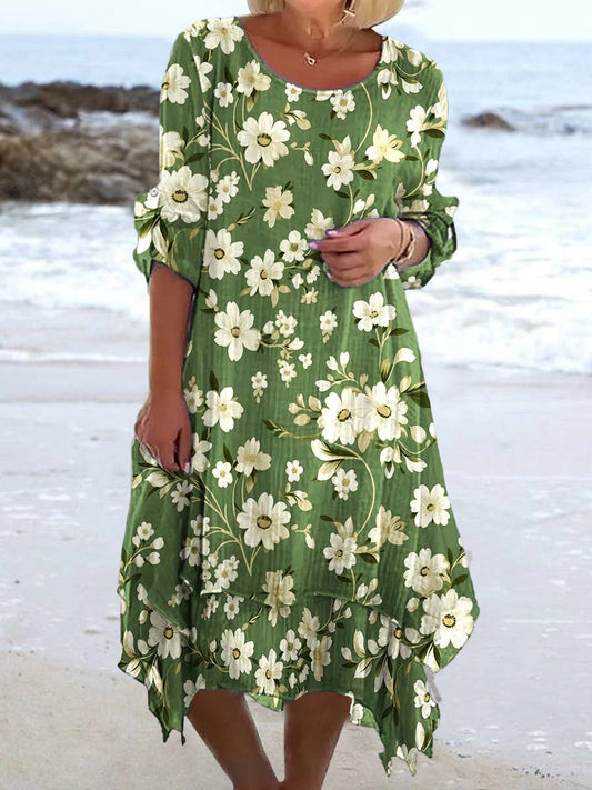 Vintage Floral Art Print Chic V Neck Three Quarter Sleeve Elegant Midi Dress with Round Neck